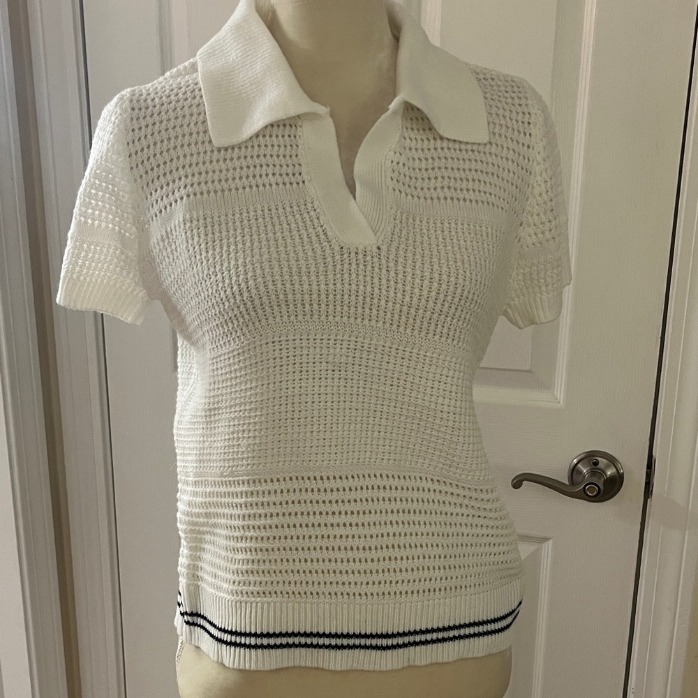 Bobeau White Knit Short Sleeve Polo Top